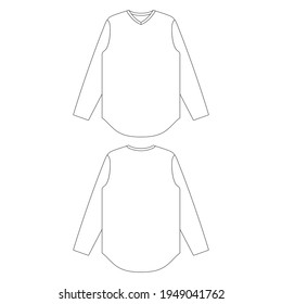 Template curved hem v-neck long sleeve t-shirt vector illustration flat sketch design outline