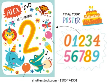 Template with cute animals in childish style for designing own posters and invitation cards. Vector isolated illustration. 