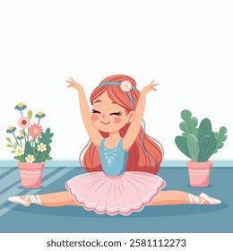 Template with cute ballerina in pink and blue dress doing the splits and with custom text placed on a white background. Poster, Banner, Flyer, Greeting Card. Vector illustration in flat cartoon style