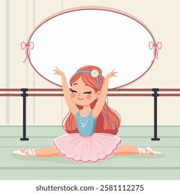 Template with cute ballerina in pink and blue dress doing the splits and with custom text placed on a white background. Poster, Banner, Flyer, Greeting Card. Vector illustration in flat cartoon style