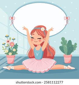 Template with cute ballerina in pink and blue dress doing the splits and with custom text placed on a white background. Poster, Banner, Flyer, Greeting Card. Vector illustration in flat cartoon style