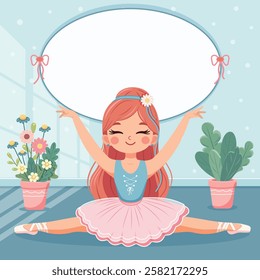 Template with cute ballerina in pink and blue dress doing the splits and with custom text placed on a white background. Poster, Banner, Flyer, Greeting Card. Vector illustration in flat cartoon style