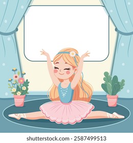 Template with cute ballerina in pink and blue dress doing the splits and with custom text placed on a white background. Poster, Banner, Flyer, Greeting Card. Vector illustration in flat cartoon style