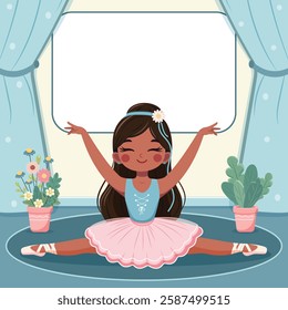 Template with cute ballerina in pink and blue dress doing the splits and with custom text placed on a white background. Poster, Banner, Flyer, Greeting Card. Vector illustration in flat cartoon style