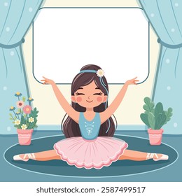 Template with cute ballerina in pink and blue dress doing the splits and with custom text placed on a white background. Poster, Banner, Flyer, Greeting Card. Vector illustration in flat cartoon style