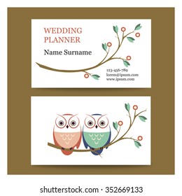 Template cute business cards with a pair of owls. Vector set with logo. Ideal for a wedding planner or Agency.