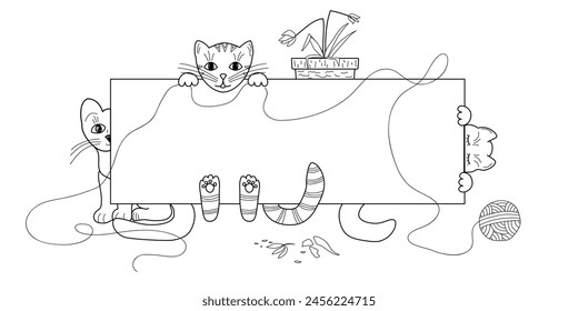 Template of cute cats playing with yarn ball on white background.
