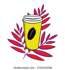 Template with cute coffee cup using doodle or hand drawn style. Nice simple elegant sketch for print, advertising, illustration. Optimistic, bright, fun, summer design. Tropical leaves. Space for text