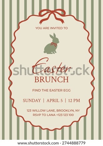 Template cute Easter invitation for a brunch or party, egg hunt. Happy Easter day. Bunny with a bow and a ribbon bow frame. Vector doodle illustration in a coquette style. 