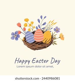 Template with cute Easter nest with eggs, spring flowers and trendy typography design in pastel colors. For poster, business card, invitation, flyer, banner, email header, social media post