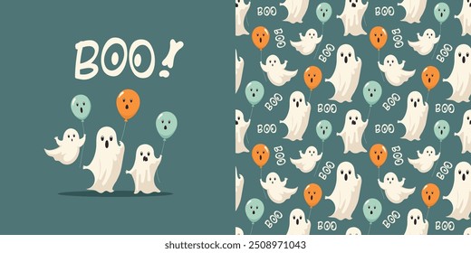Template with cute ghosts, balloons and boo lettering, greeting card. Spooky seamless background for Halloween holiday, cute vector texture for bedding, fabric, wallpaper, wrapping paper, textile, t