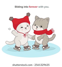 Template of cute greeting card with gray and white cats ice skating together, wearing red scarf and cute pom-pom hat. Square vector poster with kawaii kitties for Valentine's day celebration