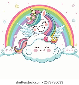 Template with cute humble unicorn with horn and wings hugs cloud on white background. Poster, Banner, Flyer, Greeting Card. Vector illustration in flat cartoon style