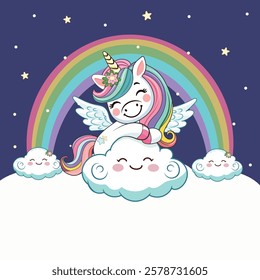 Template with cute humble unicorn hugging cloud and custom text placed on white background. Poster, banner, flyer, greeting card. Vector illustration in flat cartoon style