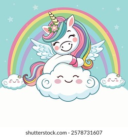 Template with cute humble unicorn hugging cloud and custom text placed on white background. Poster, banner, flyer, greeting card. Vector illustration in flat cartoon style