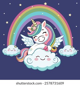 Template with cute humble unicorn hugging cloud and custom text placed on white background. Poster, banner, flyer, greeting card. Vector illustration in flat cartoon style