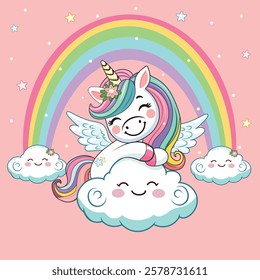 Template with cute humble unicorn hugging cloud and custom text placed on white background. Poster, banner, flyer, greeting card. Vector illustration in flat cartoon style