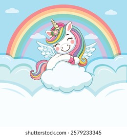 Template with cute humble unicorn hugging cloud and custom text placed on white background. Poster, banner, flyer, greeting card. Vector illustration in flat cartoon style