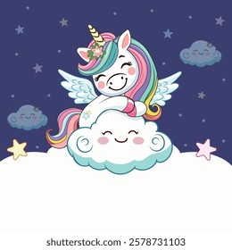 Template with cute humble unicorn hugs the cloud with custom text placed on a white background. Poster, banner, flyer, greeting card. Vector illustration in flat cartoon style