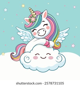 Template with cute humble unicorn hugs the cloud with custom text placed on a white background. Poster, banner, flyer, greeting card. Vector illustration in flat cartoon style