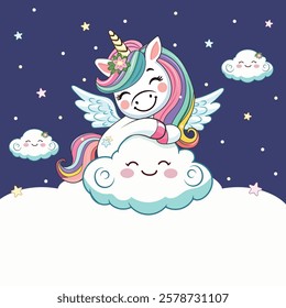 Template with cute humble unicorn hugs the cloud with custom text placed on a white background. Poster, banner, flyer, greeting card. Vector illustration in flat cartoon style