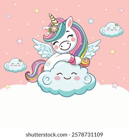 Template with cute humble unicorn hugs the cloud with custom text placed on a white background. Poster, banner, flyer, greeting card. Vector illustration in flat cartoon style