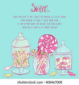 Template with cute jars with candies and place for text