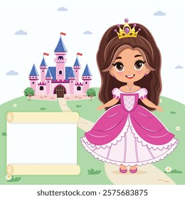 Template with cute little princess with beautiful eyes and golden crown stands in front of the castle. Poster, Banner, Flyer, Greeting Card. Vector illustration in flat drawn cartoon style