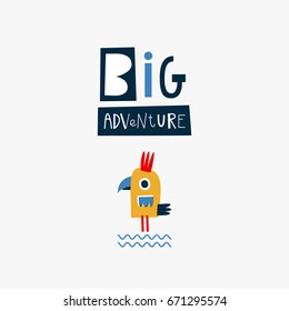Template with cute parrot for  cards, t-shirt prints, summer holidays. Vector illustration in red, yellow and blue colors.