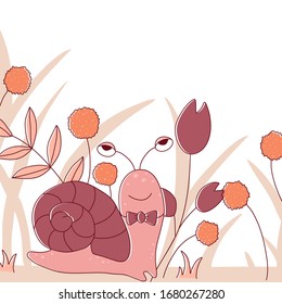 Template with cute snail character. Baby  animal with leaf and flowers in scandinavian style for baby shower card, birthday, poster. Print  illustration in vector