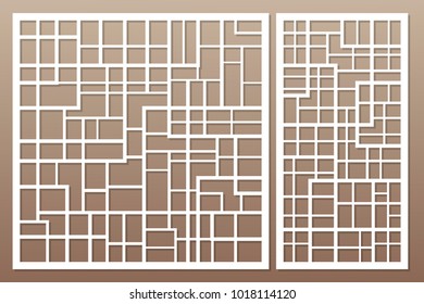 Template for cutting. Abstract lines, square, brick pattern. Laser cut. Set ratio 1:1, 1:2. Vector illustration.