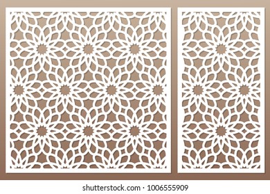 Template for cutting. Geometric flower pattern. Laser cut. Set ratio 1:2, 1:1. Vector illustration.