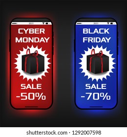 Template Cyber monday and Black friday on a smartphone. Discount 50 and 70 percent on production. Eps 10