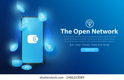 Template of cyberspace banner with 3d falling Toncoin tokens, stack of TON coins and phone. Webpage with Telegram Wallet for Ton cryptocurrency. Online transaction, p2p market, investment stock market