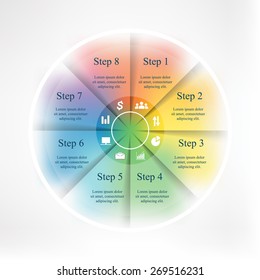 Template for cycle diagram, graph, presentation and round chart. Business concept with 8 options, parts, steps or processes. Blur vector background.