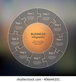 Template for cycle diagram, graph, presentation and round chart. Business concept with 9 options, parts, steps or processes. Blur vector background.