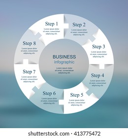 Template for cycle diagram, graph, presentation and round chart. Business concept with 8 options, parts, steps or processes. Blur vector background.