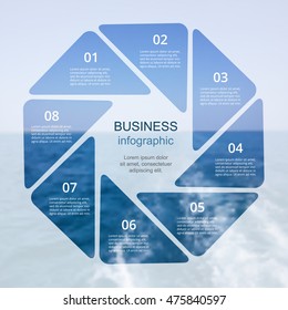 Template for cycle diagram, graph, presentation and round chart. Business concept with 8 options, parts, steps or processes. Blur vector sea background.