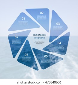 Template for cycle diagram, graph, presentation and round chart. Business concept with 7 options, parts, steps or processes. Blur vector sea background.