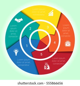 Template cyclic diagramme for Infographic five position Area chart ring arrows, pie chart