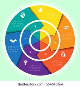 Template cyclic diagramme for Infographic six position Area chart ring arrows, pie chart