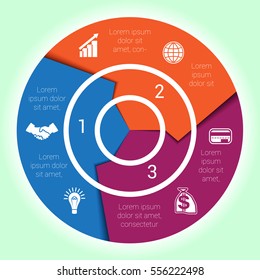 Template cyclic diagramme for Infographic three position Area chart ring arrows, pie chart