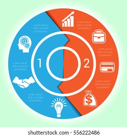 Template cyclic diagramme for Infographic two position Area chart ring arrows, pie chart