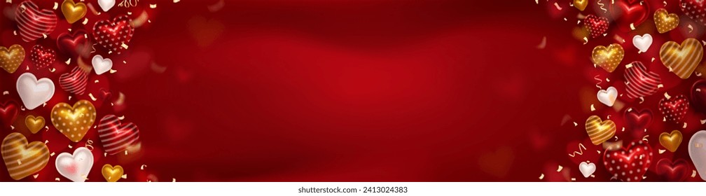 Plantilla de la cabecera del Día de San Valentín rojo blanco de lujo romántico con tres d de corazones brillantes, realismo dorado de confeti, efecto claro en forma de corazón y espacio de copia o lugar vacío para texto