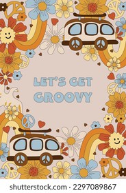 Template with daisy flowers, retro car and rainbow for groovy party, birthday invitation, flyer, retro poster. Space for text. Vector illustration.
