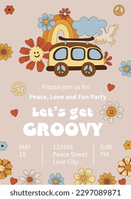 Template with daisy flowers, retro car and rainbow for groovy party, birthday invitation, flyer, retro poster. Space for text. Vector illustration.