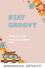 Template with daisy flowers, retro car and rainbow for groovy party, birthday invitation, flyer, retro poster. Space for text. Vector illustration.