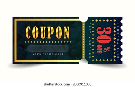Plantilla con tarjeta de regalo de color verde oscuro y oro. Vales de descuento vectorial de lujo con código promocional y ofrecen hasta un 30% de descuento. Cupón con promoción de venta de texto para negocios, compras en línea, marketing.