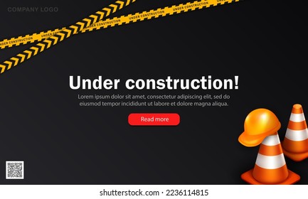 Plantilla de página de aterrizaje oscuro con conos de tráfico 3d naranja, casco de seguridad y cintas rayadas amarillo-negro. Banner vectorial negro con texto - ¡Uy! El sitio web está en construcción. Cartel de mantenimiento