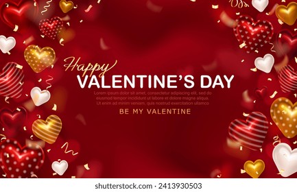 Template of dark red luxury romantic Valentine's Day banner with 3d various glossy hearts, golden realistic confetti streamers, light effect in heart shape and greeting text - Be my Valentine!